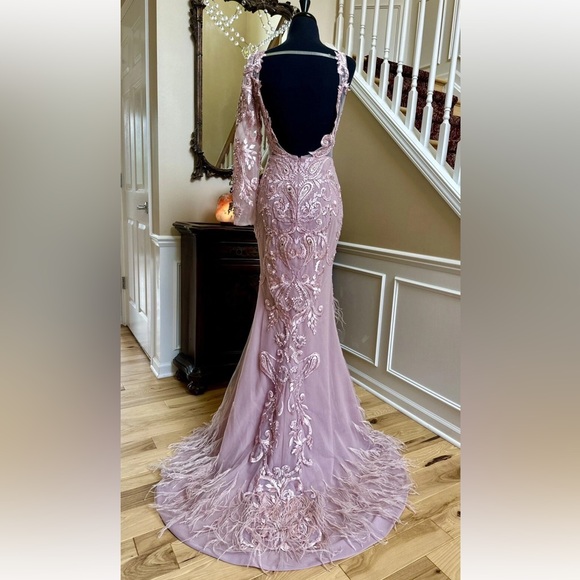 Portia and Scarlett Blush Long Sleeve Feather Fringed Embroidered Gown Size 6 - Picture 5 of 14